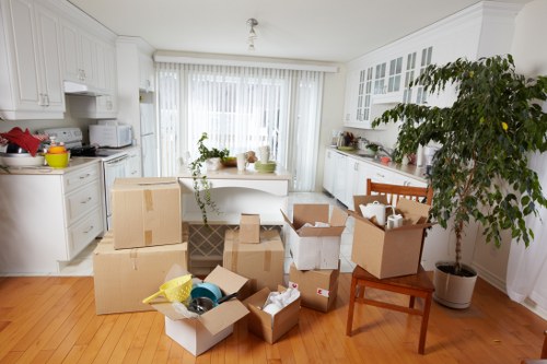 Office relocation planning in Ealing with desks and equipment ready for transport