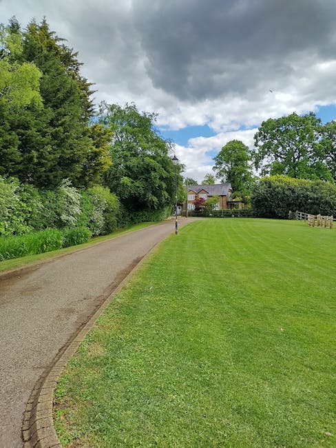 An outdoor scene showing a paved pathway curving to the left alongside a well-maintained grassy area with a row of bushes and tall trees on the left side under a partly cloudy sky. In the background, 